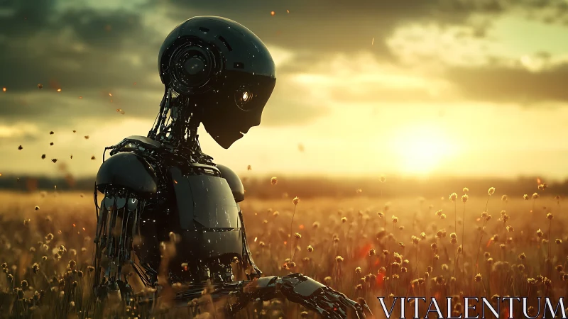 Solitary robot in golden field at glowing sunset horizon.