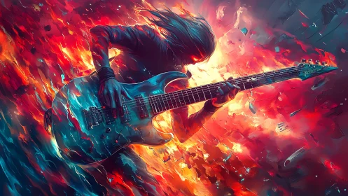 Electric guitarist silhouette amid abstract fiery color field.