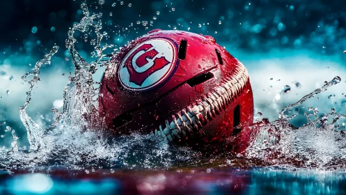 Red baseball helmet splashing hard into bright blue water.
