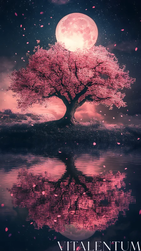Moonlit blossom tree quietly crowns the mirrored night sky