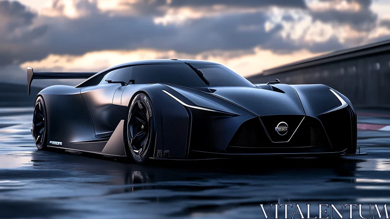 Low-slung black concept race car on wet track surface.