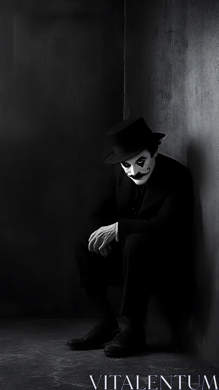 Melancholic mime resting quietly in a dim corner.