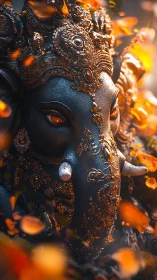 Ganesha statue glows in warm bokeh light and drifting petals