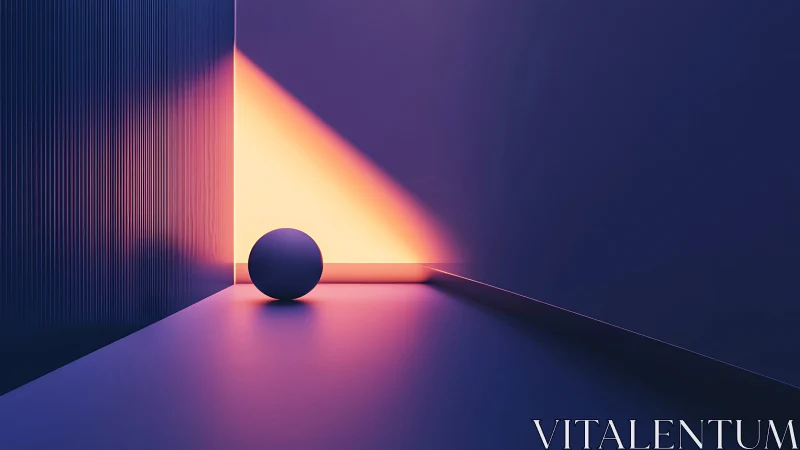 Minimalist sphere in neon-lit geometric corner environment.