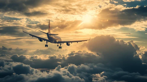 Passenger jet descends through dense sunset cloud layers