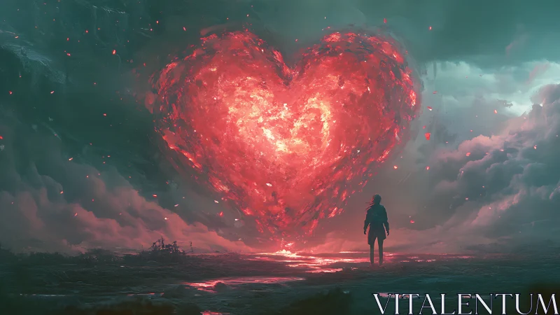 Solitary Figure Witnesses Massive Flaming Heart in Apocalyptic Sky