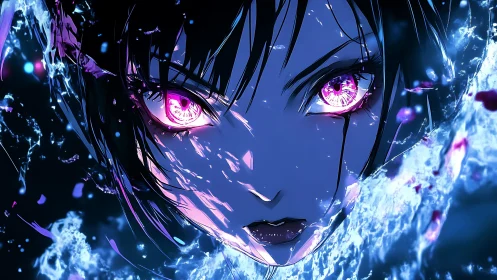 Intense anime portrait with glowing pink eyes and water.