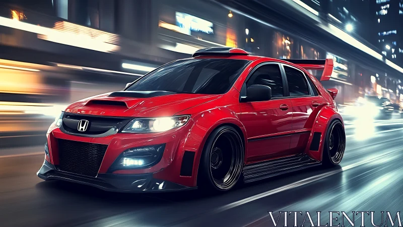 Modified red Honda sedan on illuminated urban highway at night.