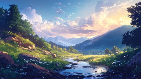 Golden hour stream flows through serene mountain valley