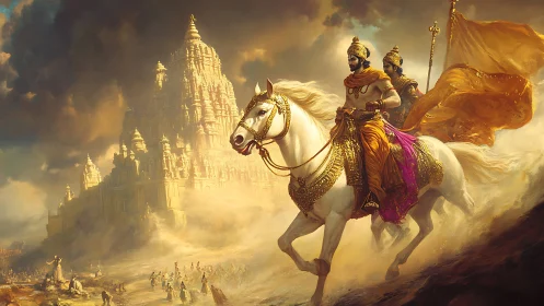 Digital painting of epic temple cavalcade in golden stormlight.
