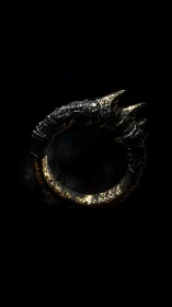 Textured metallic ring with claw-like protrusions on black.