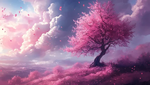 Windswept cherry tree dominates gradient sky with volumetric clouds
