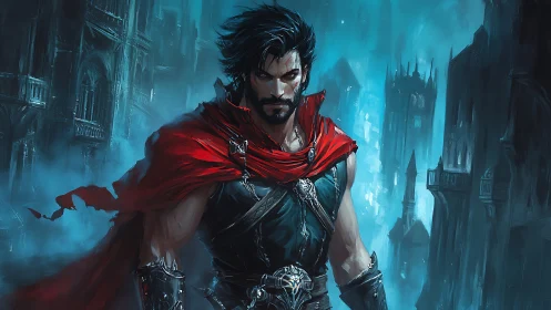 Dark fantasy warrior strides through misted neo-gothic citadel