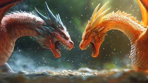 Two detailed dragons facing off in a bright outdoor setting.