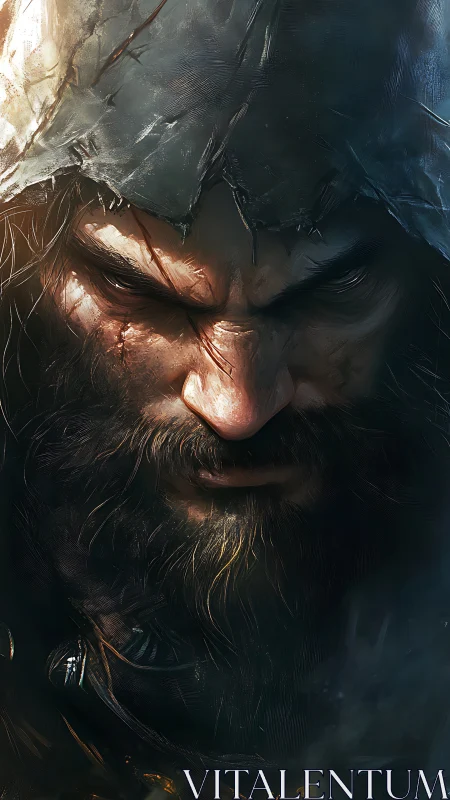 Battle-scarred hooded warrior closes his eyes in grim resolve.