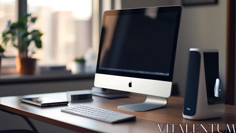 Minimalist desktop workspace glows in soft natural light