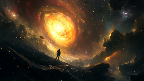Lone wanderer gazes into a blazing galactic vortex sky.