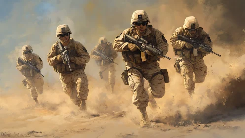 Sandstorm charge of desert soldiers in swirling amber dust.