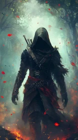 Hooded forest assassin emerging through burning embers.