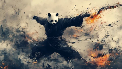 Anthropomorphic panda warrior executes fiery martial strike
