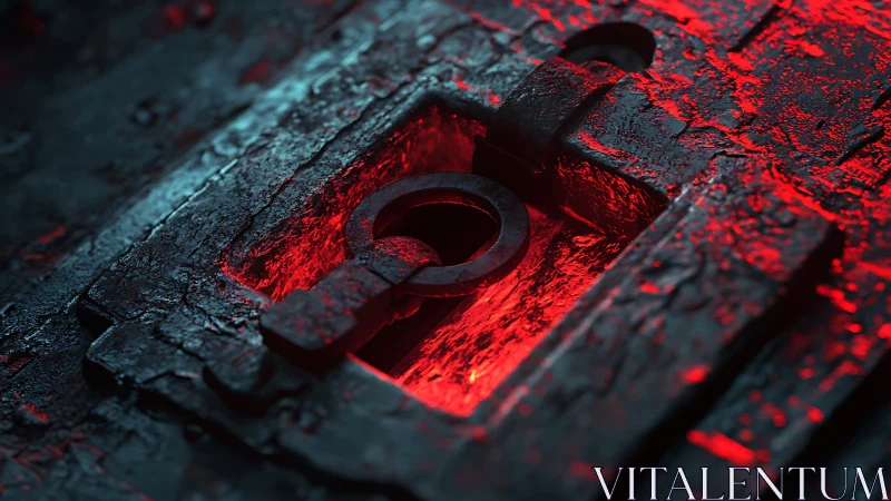 3D macro lock mechanism with red-lit cavity and corroded metal.