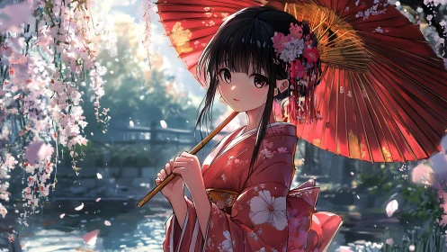 Anime girl in red kimono under wagasa beside spring river