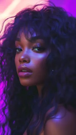 Neon-lit close portrait of woman with glossy skin and curls.
