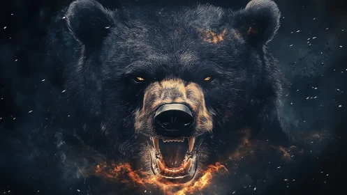 Feral bear portrait with fiery muzzle and dark smoke backdrop.