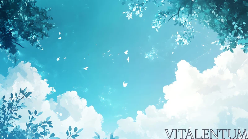 Bright summer sky framed by leaves and drifting petals.