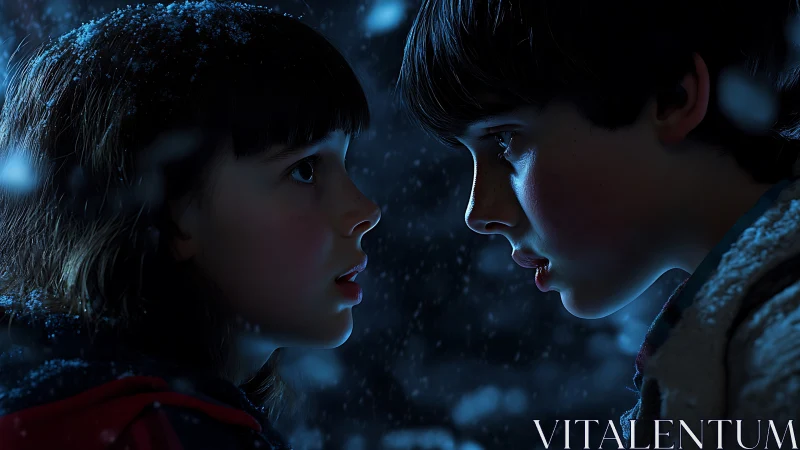 Two children face each other closely in falling nighttime snow.