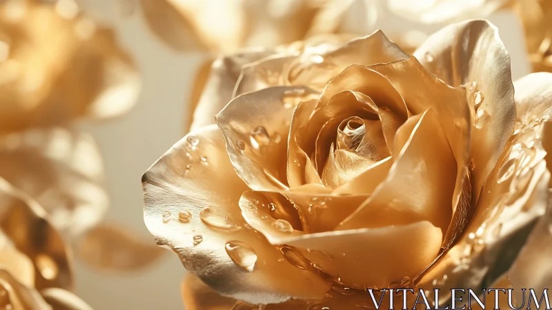 Golden rose with water droplets backlit by warm light