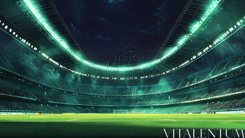 Illuminated football stadium interior under night sky
