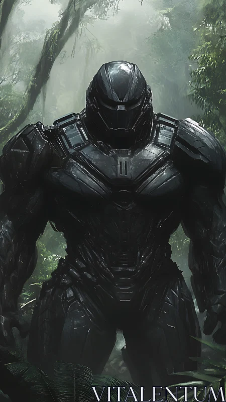 Armored humanoid mech stands in dense misty jungle environment