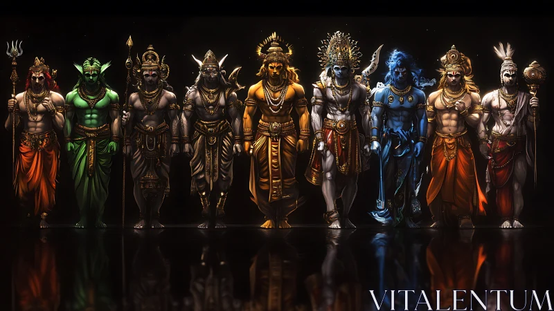 Row of nine stylized mythic warriors stands in formation