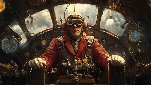 Seasoned airman at the controls of a vintage cockpit.