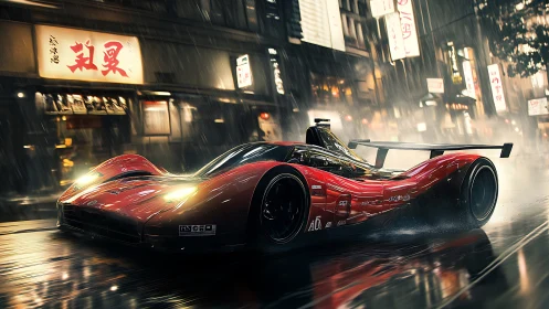 Red futuristic race car on wet neon city street at night.