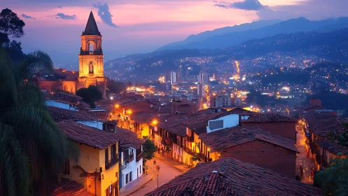 Warm hillside town glowing gently under a soft twilight sky.