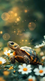 Juvenile tortoise in daisies under bokeh firefly light field
