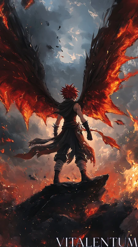 Volcanic-winged warrior on basalt outcrop amid stormfire.