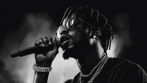 High-contrast monochrome rapper portrait with dynamic stage lighting