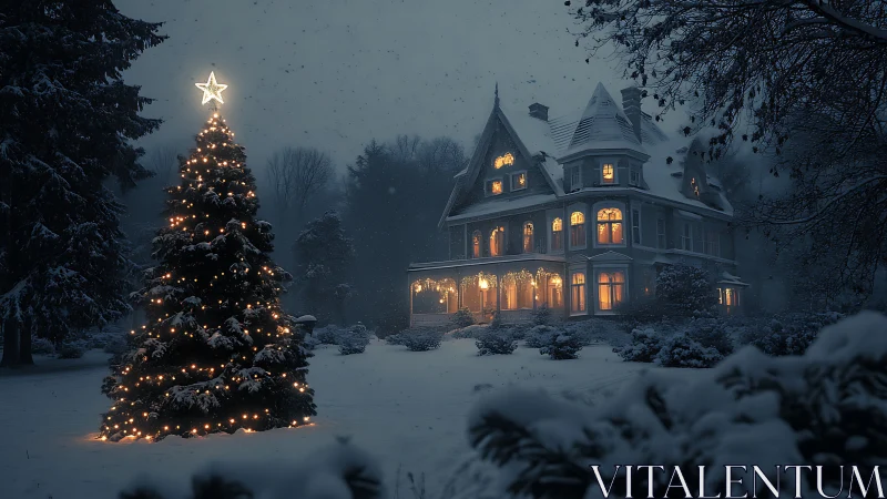 Snow-covered Victorian house with illuminated outdoor tree at night.