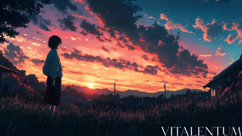 Solitary figure watching vivid rural sunset sky.