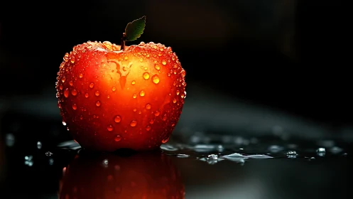 Glistening red apple glowing softly against dark backdrop.