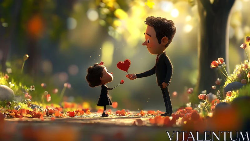 Man Offering Red Heart to Woman in Flowering Garden.