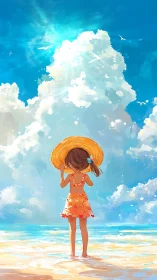 Backlit girl in orange sundress on sunlit shore, vertical art