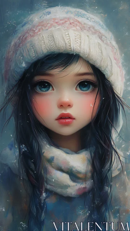 Winter hush lingers in her wide, glassy watercolor gaze