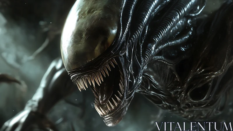 Nightmarish alien creature leans forward with a vicious grin