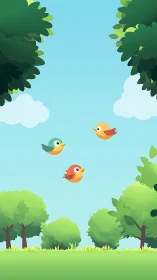 Cheerful cartoon birds glide above a bright summer forest