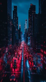 Cyberpunk arterial avenue with neon-soaked vanishing point composition.