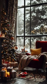 Cozy holiday reading nook by a snowy winter window.